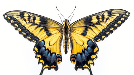 Obraz premium Yellow and black butterfly, symmetrical wings, isolated on a bright white backdrop, crisp and clean