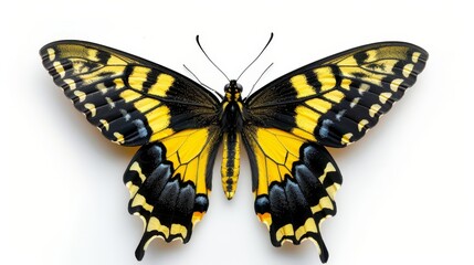 Obraz premium Yellow and black butterfly, symmetrical wings, isolated on a bright white backdrop, crisp and clean