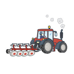 Vector cartoon tractor, cute style, isolated white background, representing modern agricultural aid technology that makes it more convenient for farmers, farming, gardening,planting crops and plowing.