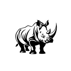 Obraz premium Stylized Rhino Illustration in Black and White, A bold, stylized black and white illustration of a rhino, featuring clean lines and artistic patterns, highlighting strength and uniqueness. 