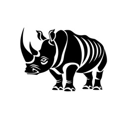 Obraz premium Stylized Rhino Illustration in Black and White, A bold, stylized black and white illustration of a rhino, featuring clean lines and artistic patterns, highlighting strength and uniqueness. 
