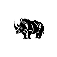 Stylized Rhino Illustration in Black and White, A bold, stylized black and white illustration of a rhino, featuring clean lines and artistic patterns, highlighting strength and uniqueness.
