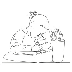One continuous line drawing on a white isolated background. Linear illustration of minimalism. The girl writes her homework in a notebook. schooling. the girl is doing her homework.