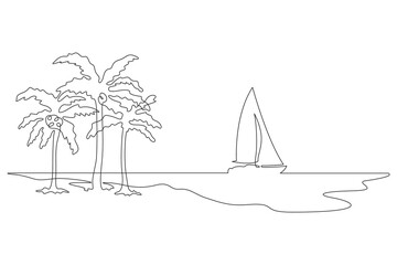 One continuous line drawing on a white isolated background. Minimalism linear illustration.Sailing yacht on a tropical island. Island coast in the ocean. Palm trees on the paradise shore.