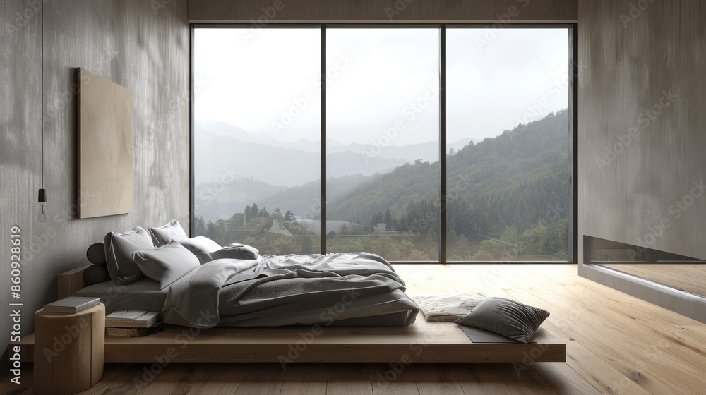 Poster a bedroom with a large window overlooking a mountain range. generate ai image