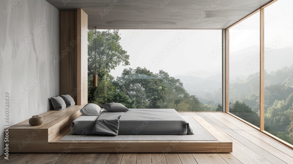 Poster a bedroom with a large window overlooking a mountain range. generate ai image