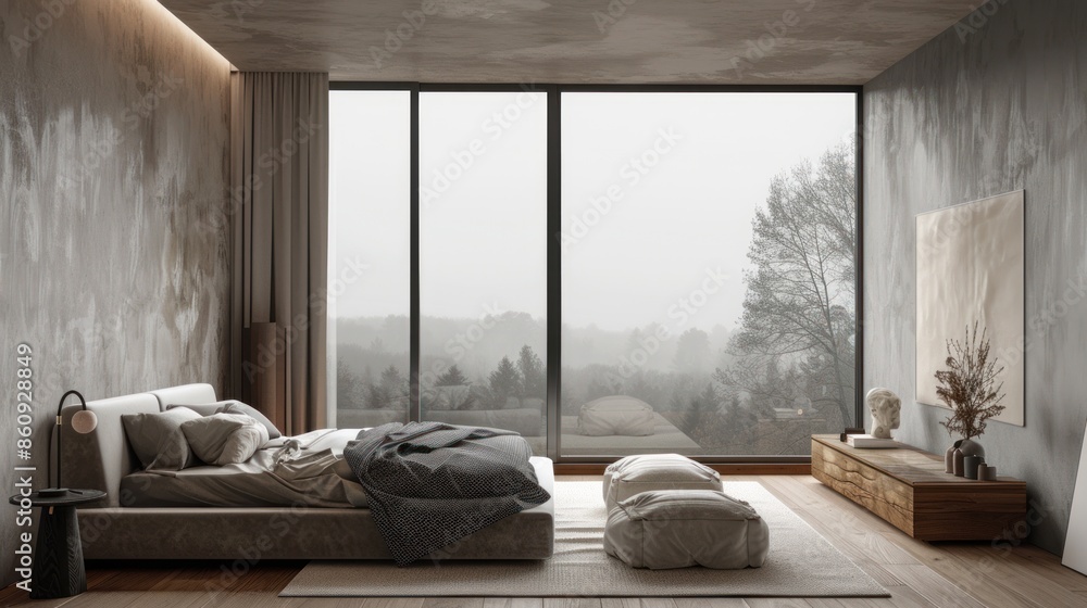 Poster a bedroom with a large window overlooking a mountain range. generate ai image
