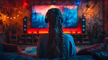 A realistic and immersive scene of a home theater gaming setup, showcasing a large screen, surround sound, and a gamer engrossed in a visually stunning game.