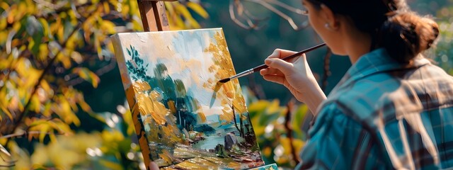 Painter Capturing Nature s Beauty on Easel in Sunny Garden