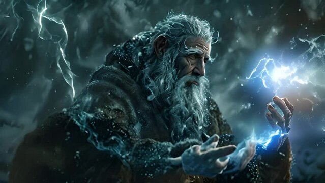 Elderly Wizard Conjuring Ice Magic in Snowstorm with Ai generated.
