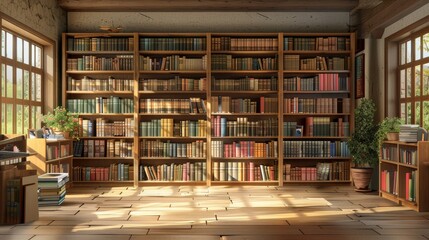 Obraz premium In the morning, a white interior design concept is illustrated in a vector, showcasing a lifestyle scene with a desk and table in the background of a library filled with books.