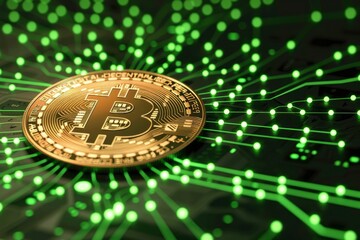  A Qtum logo on a green background, with smart contract circuits, the coin sparkles in white and green, appearing to hover over a decentralized network, surrounded by a dark green frame