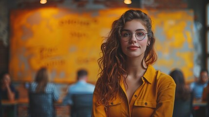 Fototapeta premium Young woman in yellow shirt at cafe. Young woman with glasses and curly hair in a yellow shirt smiles confidently at a cafe with an orange mural background.