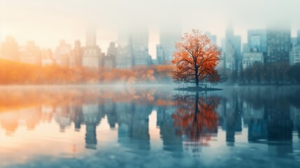 Fototapeta premium a quiet park in the heart of a bustling city, blending tranquility and urban environment with focus on, urban nature theme, ethereal, Double exposure, park backdrop