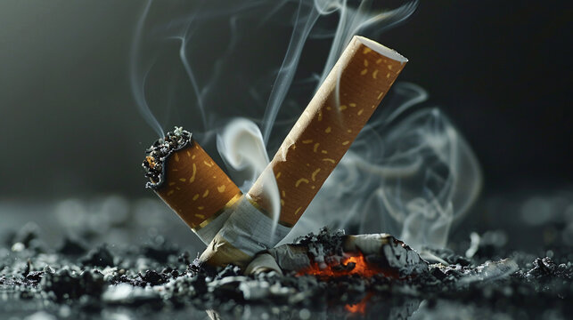 Intense closeup of smoking ashtray with glowing ashes and broken cigarette