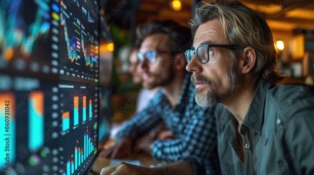 Poster professional team analyzing data on screens. professional team analyzing data on multiple screens in