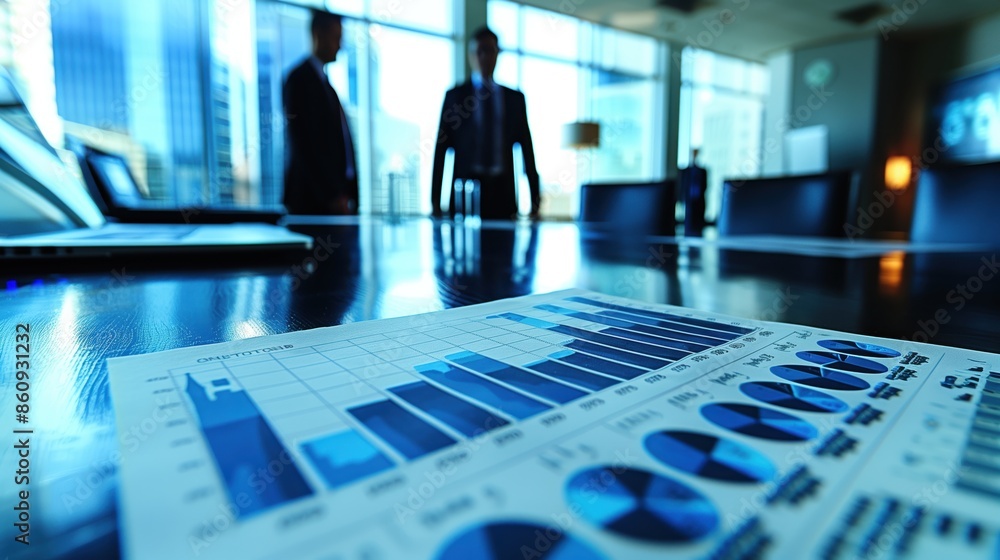 Poster graphs and charts in business meeting room. close-up of graphs and charts on a table in a business m