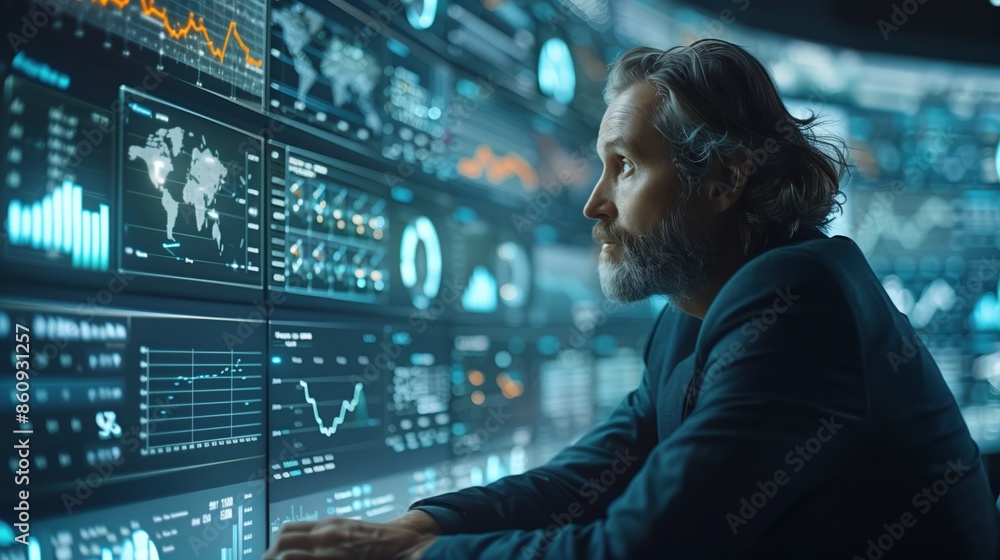 Aufkleber businessman analyzing data on multiple screens. businessman analyzing global data on multiple screen