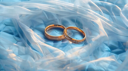 Two intertwined gold wedding rings resting on a blue quilted fabric A white veil adds a touch of elegance and softness to the scene For wedding invitations or bridal shop promotions : Generative AI