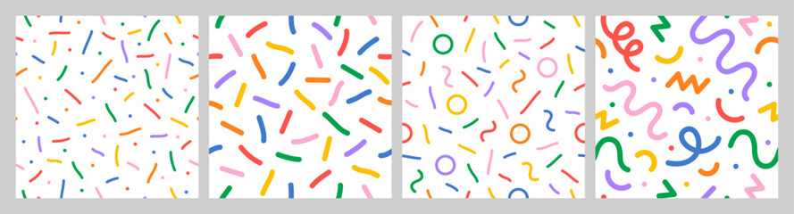 Confetti vector pattern collection. Minimal line shape abstract background set. Geometric graphic flat style illustration. Kid celebrate birthday party backgrounds. Funny childish vector decoration co