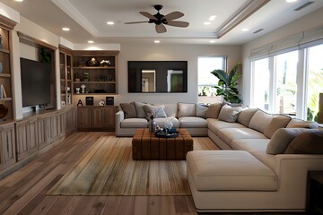 Fototapeta premium Modern living room interior design with a large sectional sofa, wood floors, a ceiling fan, and built-in shelves.