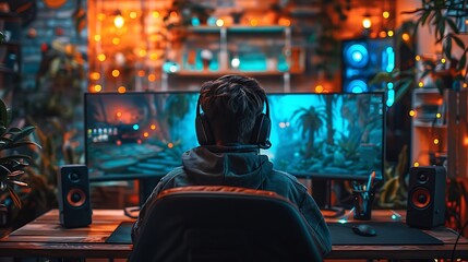 A realistic photograph of a gamer in front of a professional streaming setup, with a camera, microphone, green screen, and dual monitors showing the game and chat overlay.