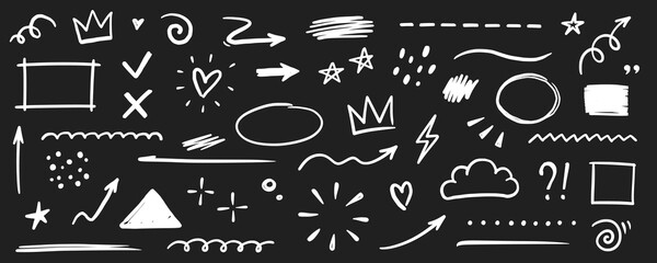 Line shape marker underline, arrow, heart brush element chalk set. Hand drawn sketch marker underline shape, arrow, heart scribble brush chalkboard. Crown, love graphic icon. Vector illustration © Polina Tomtosova