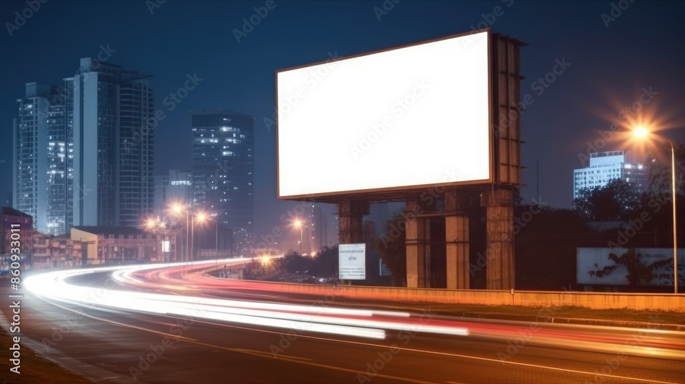 Poster a mockup of billboard with white color blank space setting in between building of city. a large big 