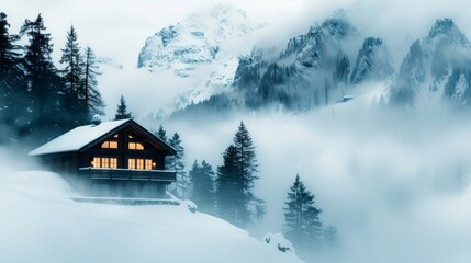 A cozy cabin with warm lights nestled in a misty mountain landscape, surrounded by snow and trees, creating a serene and enchanting winter wonderland