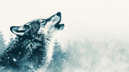 Obraz premium A lone wolf howling in a snowy wilderness, with misty trees in the background, capturing the essence of solitude and wild nature in winter