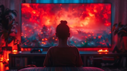 A realistic photograph of a home theater setup, featuring a large screen and surround sound system.