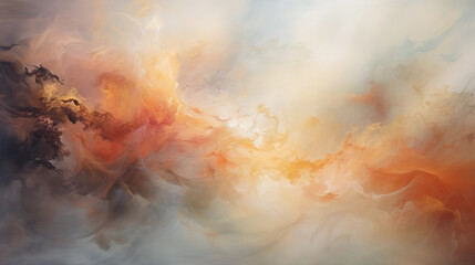 A beautiful abstract painting with light and dark hues, light orange, soft white clouds, smoke, amber, soft edges, vivid details, swirling forms, warm tones, dreamy atmosphere, and fluidity.