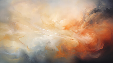 A beautiful abstract painting with light and dark hues, light orange, soft white clouds, smoke, amber, soft edges, vivid details, swirling forms, warm tones, dreamy atmosphere, and fluidity.