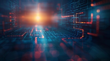Obraz premium A high-tech digital network featuring a glowing grid with red and blue lights, symbolizing advanced technology, connectivity, and innovation