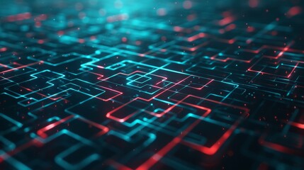 Obraz premium A futuristic abstract digital circuit illuminated with red and blue lights, showcasing a complex, high-tech design and intricate patterns
