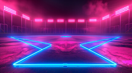 Neon baseball field in cartoon style with highly detailed 3D render