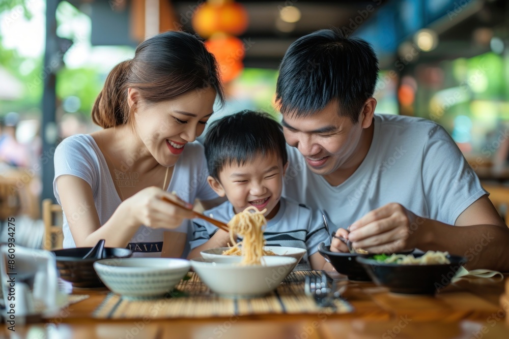 Wall mural thai family eat noodle restaurant father eating