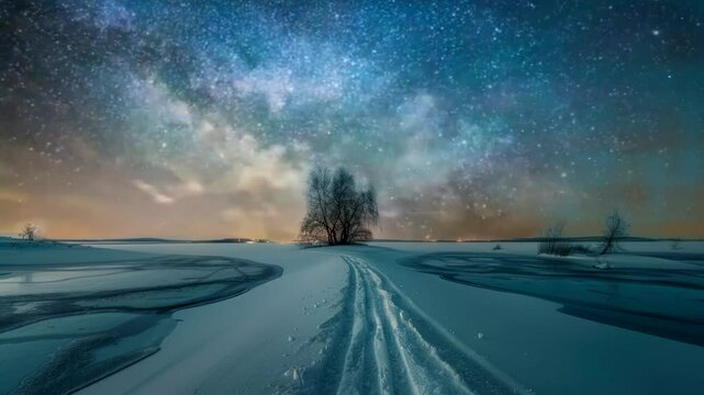 Snowy plain at night with starry sky time lapse, serene winter landscape.