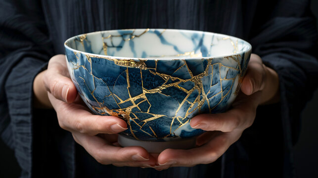 Woman's hands holding elegant blue and white kintsugi porcelain bowl
