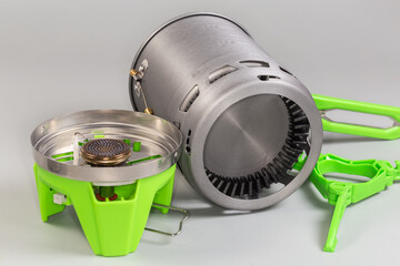 Pot and burner of disassembled portable camp gas cooking system