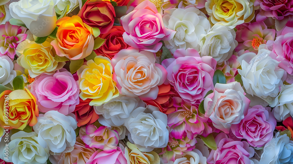 Aufkleber Selective focus of multi colour of artificial roses flowers backdrop Mixed colourful pattern texture of flora Can be used as background for display or montage products Abstract nature  : Generative AI