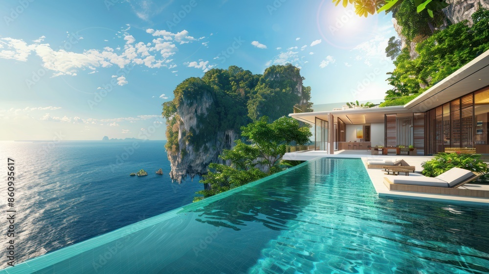 Aufkleber a beautiful ocean view with a pool on the side of a house. generate ai image