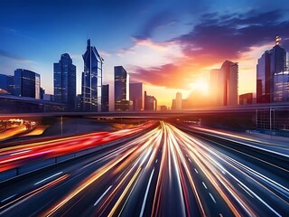 Speed road urban traffic, skyscrapers rush hour sunset, city skyline, cars motion long exposure blur