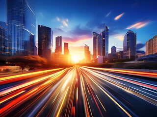 Fototapeta premium Speed road urban traffic, skyscrapers rush hour sunset, city skyline, cars motion long exposure blur