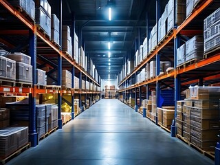 Storage of boxes inside a semi automated industrial warehouse, stock of merchandise on shelves and racks