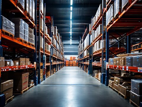 Storage of boxes inside a semi automated industrial warehouse, stock of merchandise on shelves and racks