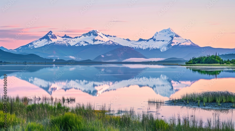 Poster a beautiful mountain range is reflected in the calm waters of a lake. generate ai image