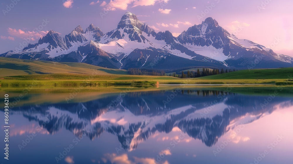 Poster a beautiful mountain range is reflected in the calm waters of a lake. generate ai image