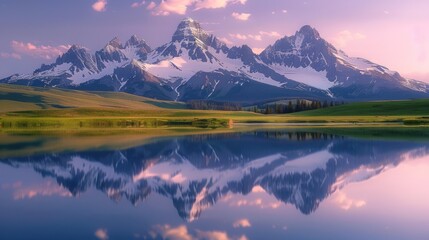 A beautiful mountain range is reflected in the calm waters of a lake. Generate AI image