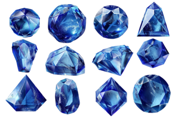 set of blue gems isolated on transparent background
